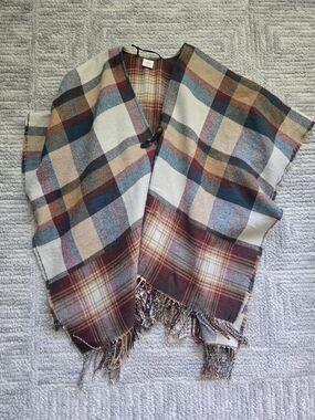 St. John's Bay Plaid Open-Front Poncho in Cream, Burgundy & Teal